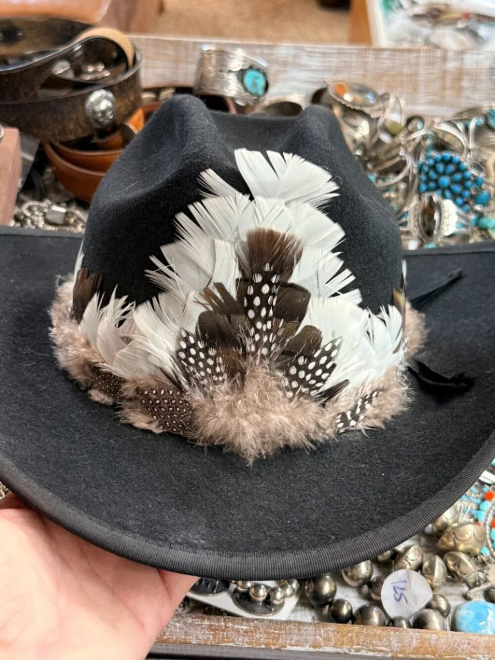 C. 1970s Smithbult Black Wool Cowboy Western Hat Feather Band 7 1/4